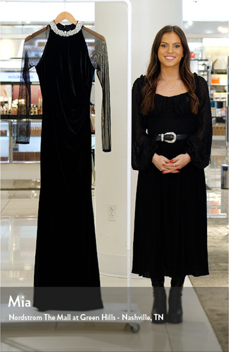 Embellished Ruched Long Sleeve Velvet Gown, sales video thumbnail