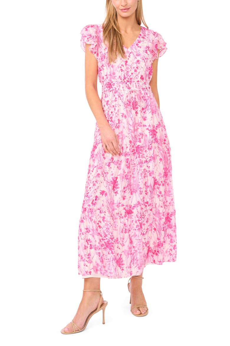 Double Ruffle Sleeve Midi Dress, Main, color, NEW IVORY/ PINK FLORAL