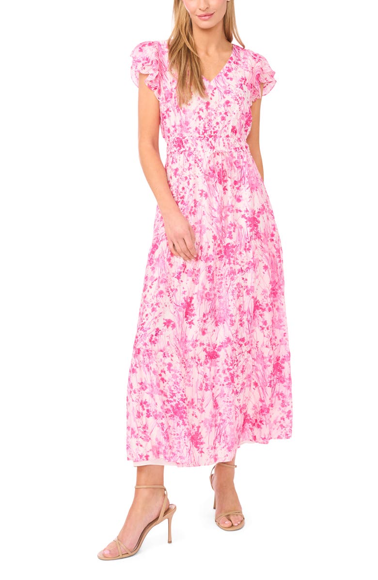 Halogen<sup>®</sup> Double Ruffle Sleeve Midi Dress, Main, color, New Ivory/ Pink Floral
