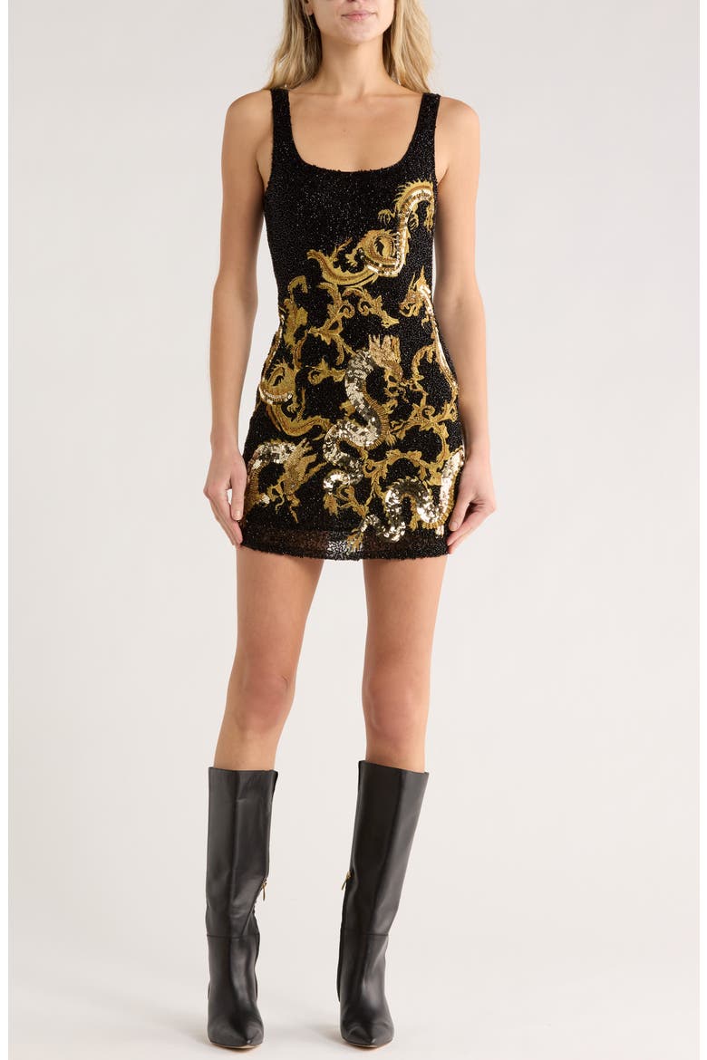 Inori Sequin Embellished & Beaded Dragon Minidress, Main, color, BLACK/ GOLD BEADED DRAGON