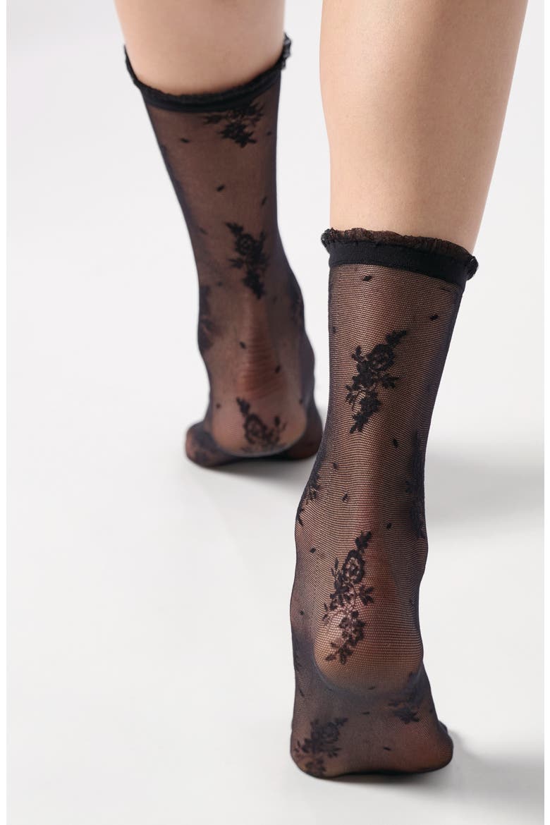 Pretty Lace Sheer Crew Socks, Alternate, color, BLACK