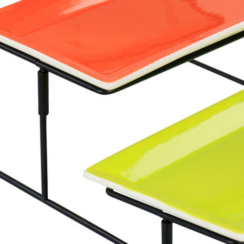 Gibson Home Crenshaw Hand Painted Stoneware 3-tier Serving Set With Metal Rack In Multicolor In Red