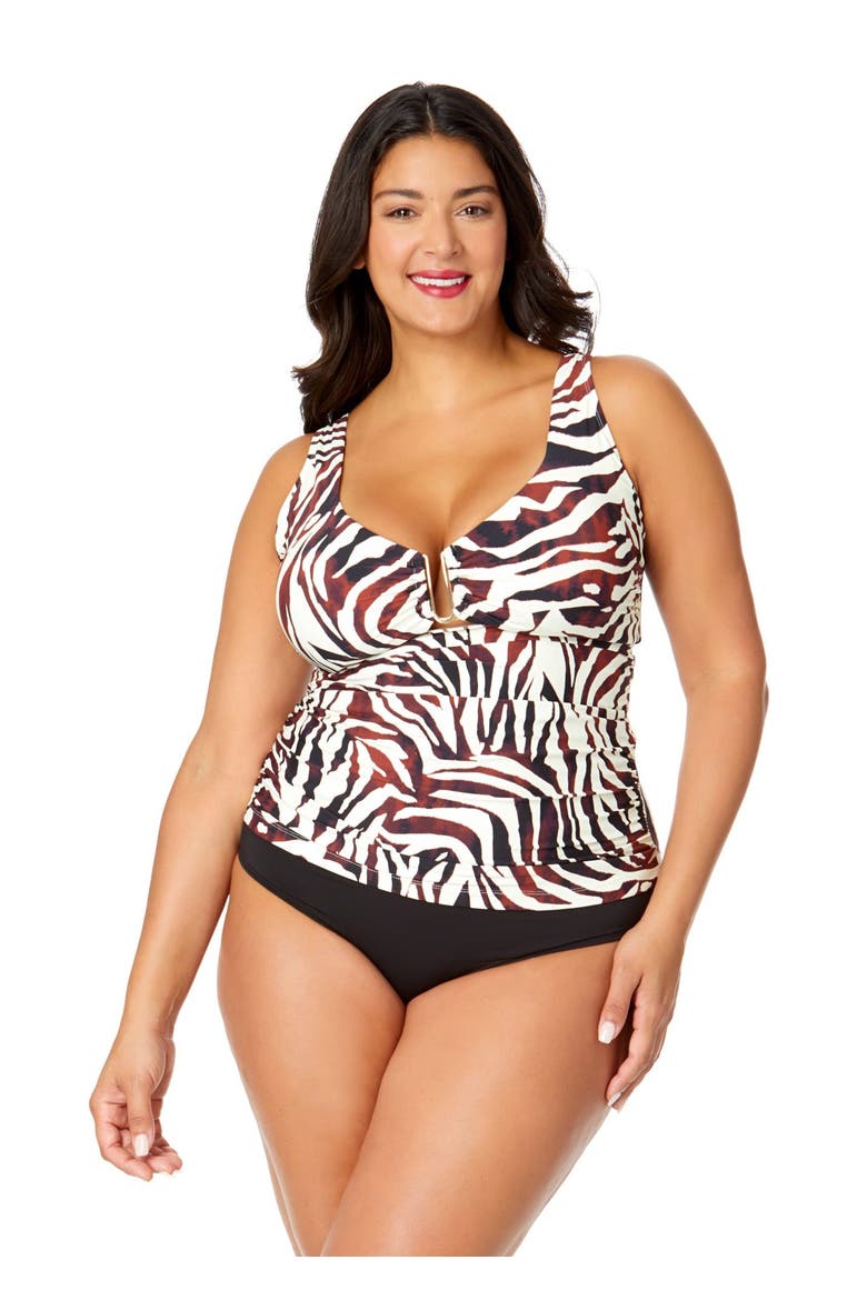 Women's Plus Tiger Dance Ring Front Tankini Swim Top, Main, color, Tiger Dance