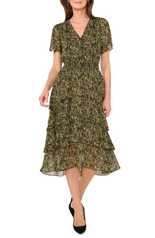 Vince Camuto V-print Georgette Tiered Dress In Green