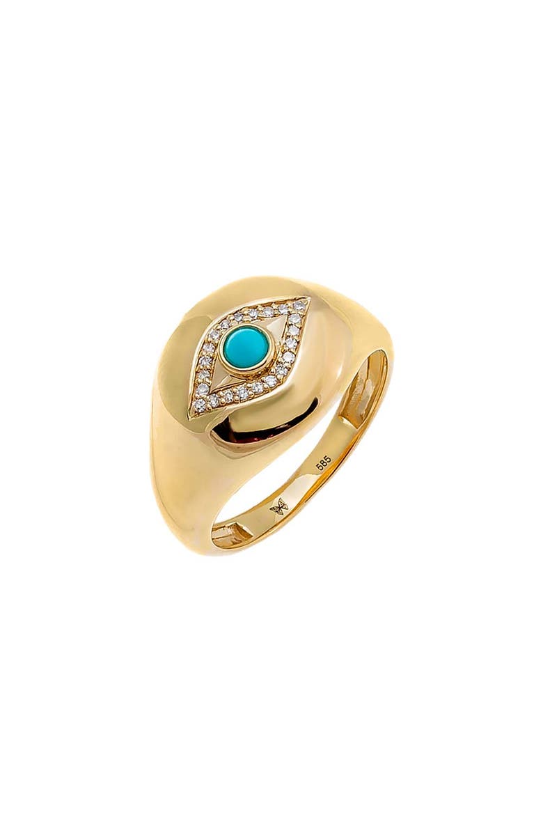 BY ADINA EDEN Diamond Evil Eye X Turquoise Signet Pinky Ring 14K, Main, color, Turquoise