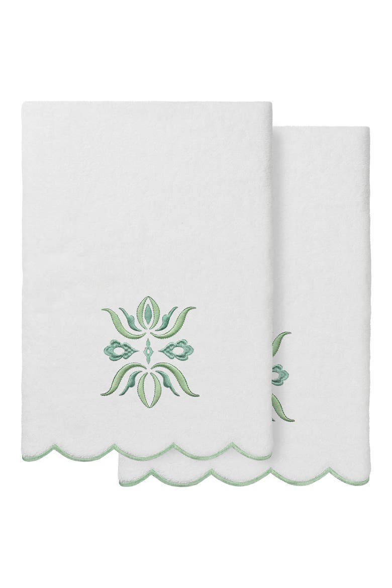 Flower Crest Scalloped Set of 2 Hand Towels, Main, color, WHITE/ GREEN