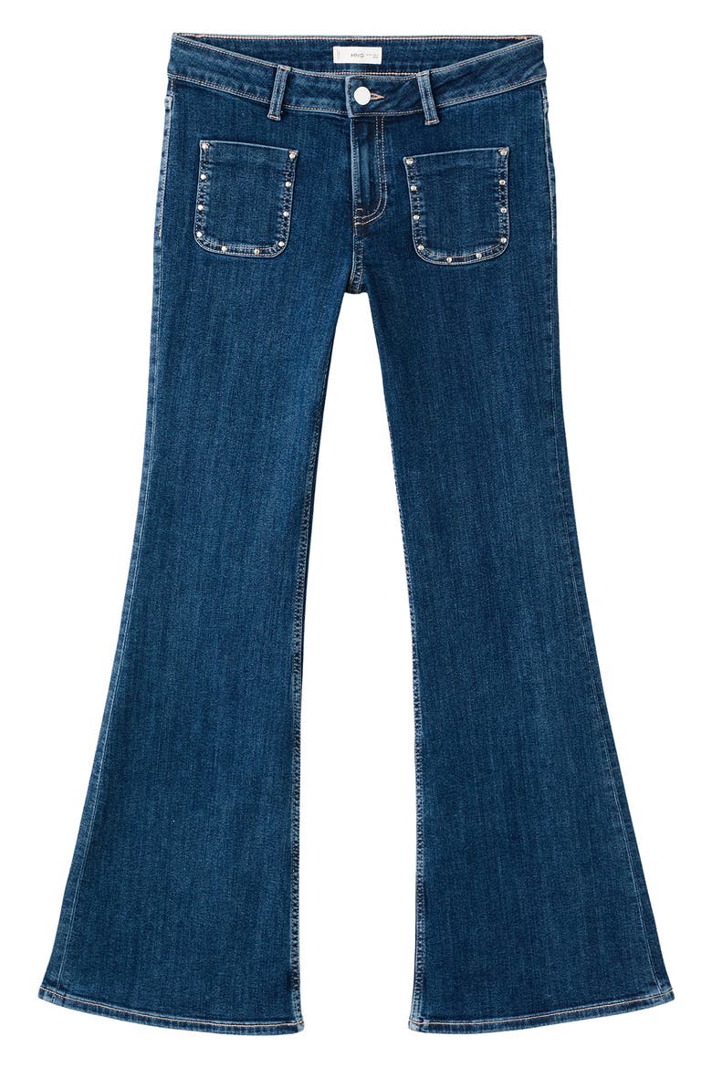 Studded Patch Pocket Flare Jeans, Alternate, color, DARK BLUE