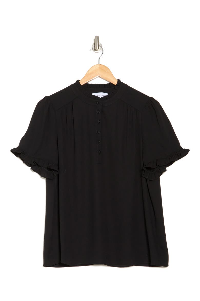 Ruffle Neck Short Sleeve Top, Alternate, color, BLACK