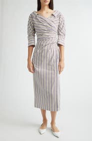 Lela Rose Stripe Asymmetric Cotton Shirtdress