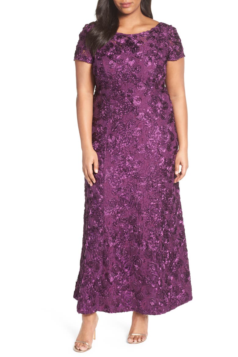 Rosette Lace Short Sleeve A-Line Gown, Main, color, EGGPLANT