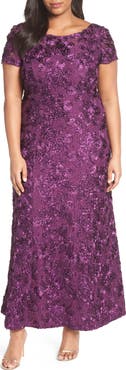 Alex Evenings Rosette Lace Short Sleeve A-Line Gown
