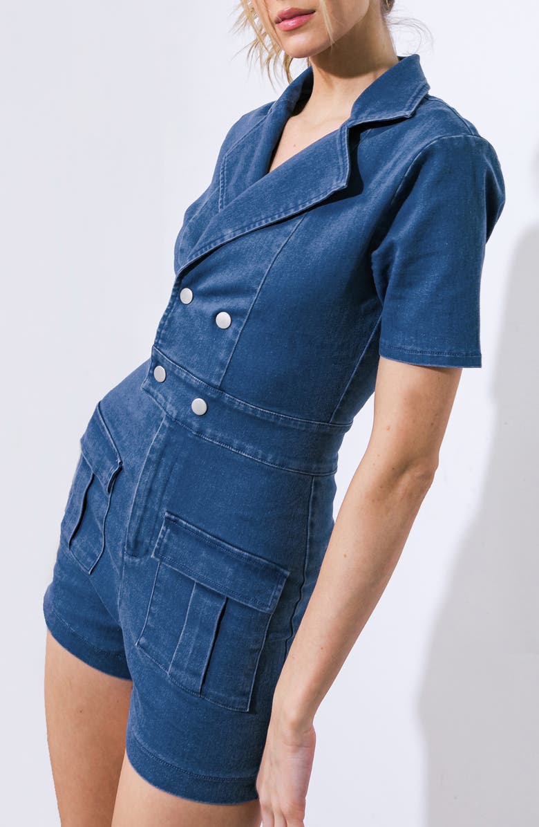 FLYING TOMATO Denim Tailored Romper, Alternate, color, Medium Indigo