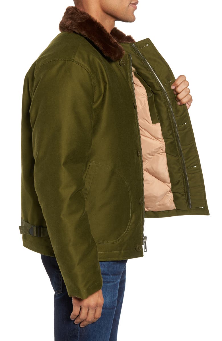 Schott NYC Faux Fur Collar Water-Repellent Corduroy Down Jacket, Alternate, color, 