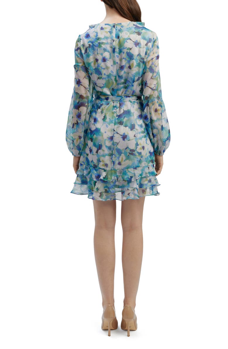 Bardot Ruffle Long Sleeve Faux Wrap Chiffon Minidress, Alternate, color, Blue Floral