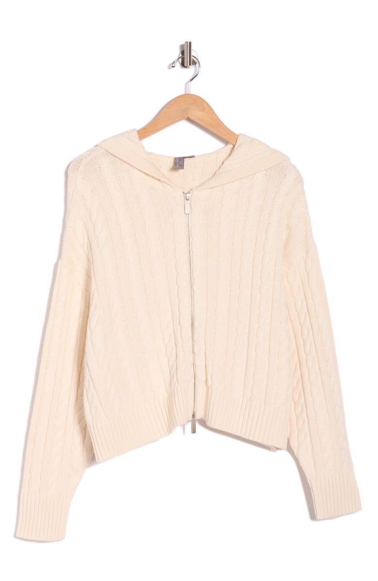 Sweaty Betty Afterglow Cable Knit Hooded Cardigan, Alternate, color, Studio White