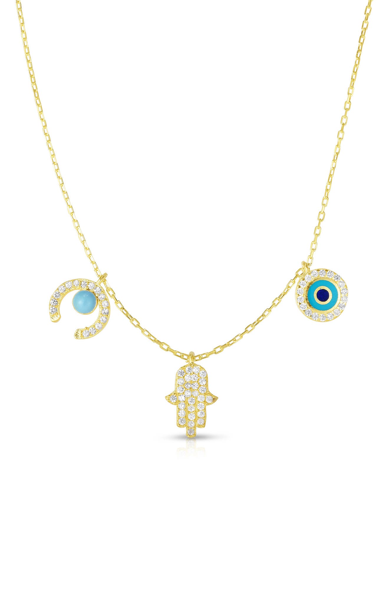 SPHERA MILANO 14K Gold Vermeil CZ Crescent, Hamsa & Evil Eye Charm Necklace
