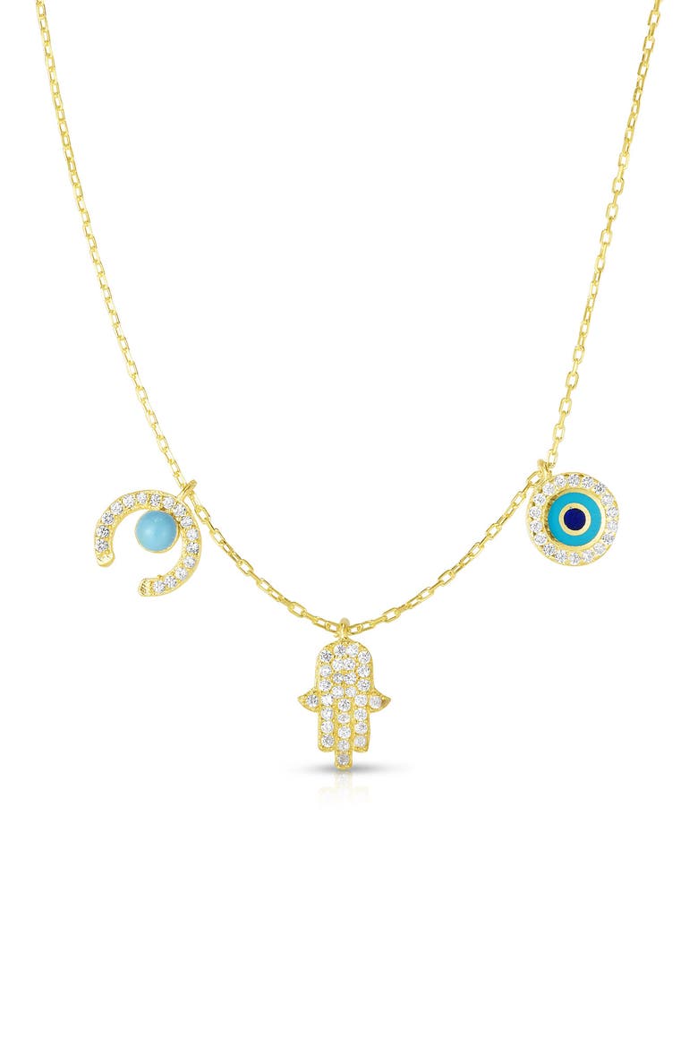 14K Gold Vermeil CZ Crescent, Hamsa & Evil Eye Charm Necklace, Main, color, YELLOW GOLD