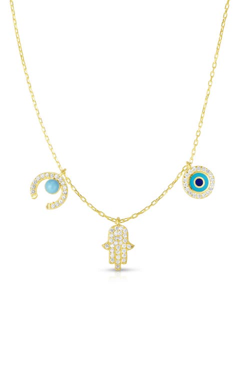 14K Gold Vermeil CZ Crescent, Hamsa & Evil Eye Charm Necklace