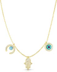 SPHERA MILANO 14K Gold Vermeil CZ Crescent, Hamsa & Evil Eye Charm Necklace
