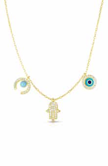 SPHERA MILANO 14K Gold Vermeil CZ Crescent, Hamsa & Evil Eye Charm Necklace