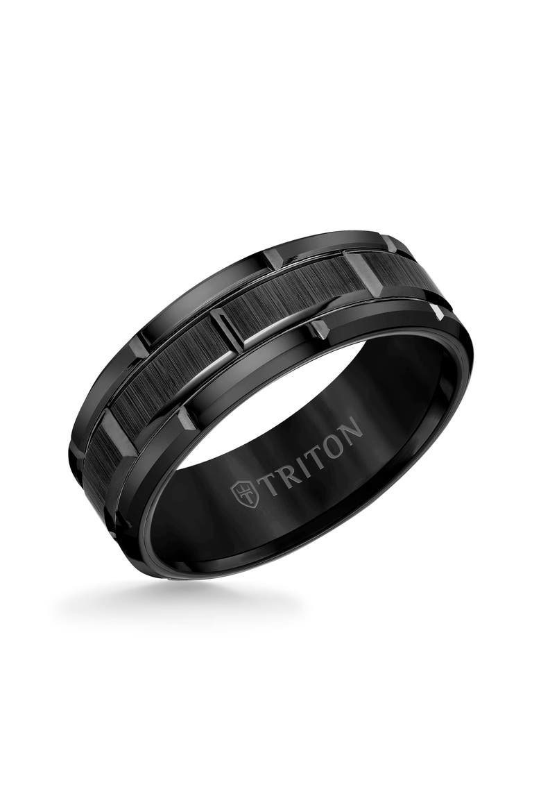 8MM Tungsten Carbide Ring with Brick Pattern Center and Flat Edge, Main, color, Black