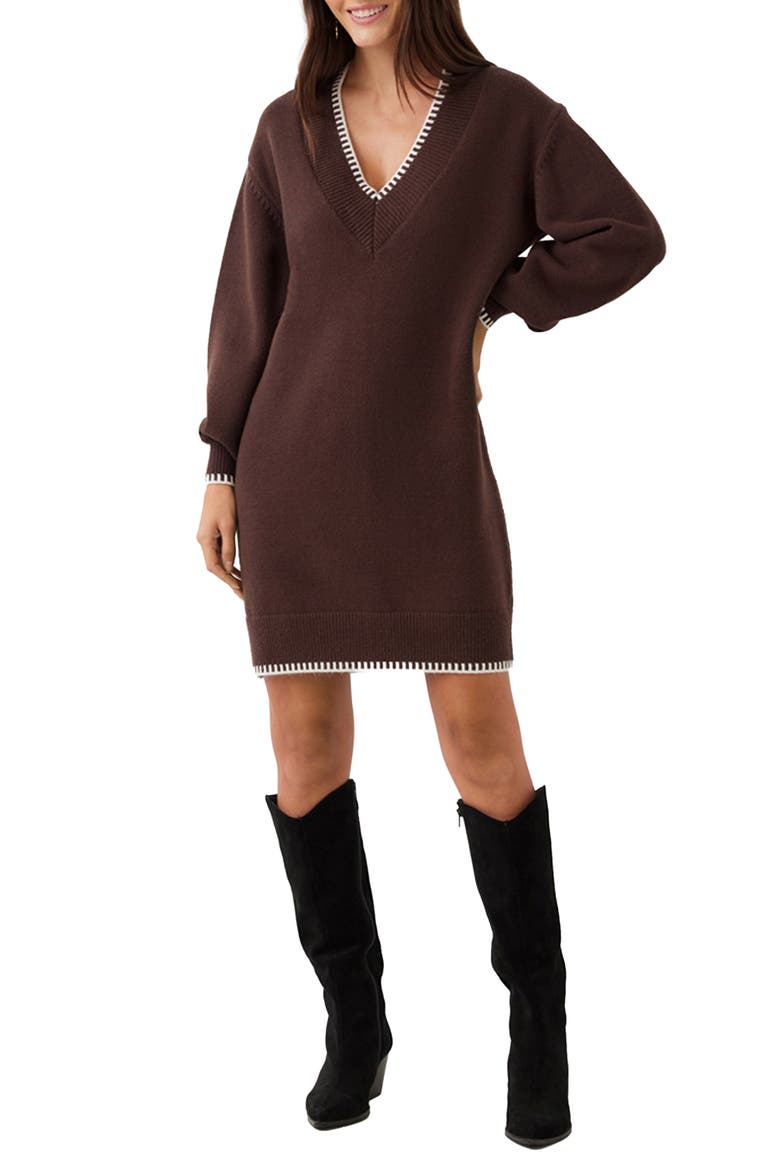 Varsity V-Neck Long Sleeve Sweater Minidress, Main, color, CHOCOLATE