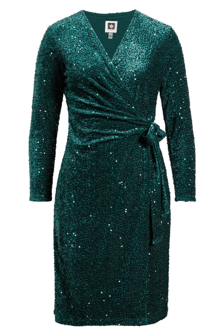 Sequin Long Sleeve Wrap Dress, Alternate, color, PINE FOREST
