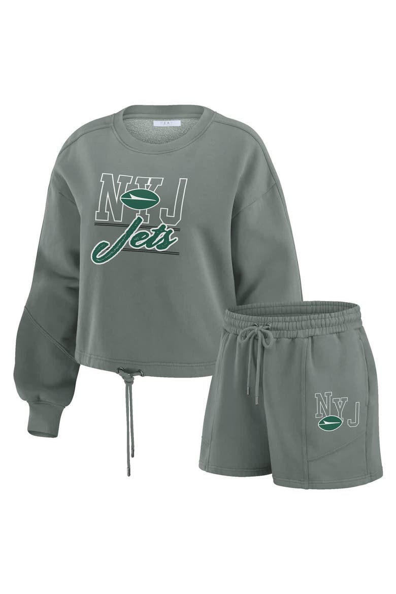 Women's WEAR by Erin Andrews Green New York Jets Washed Fleece Long Sleeve T-Shirt & Shorts Lounge Set, Main, color, Green