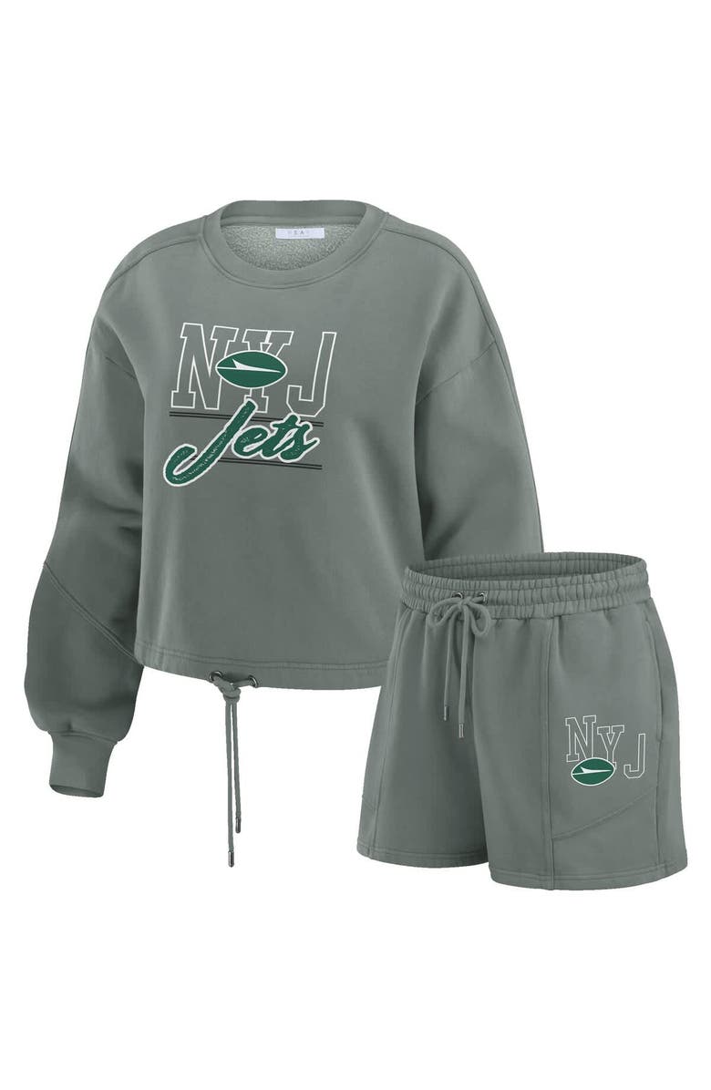 WEAR by Erin Andrews Women's WEAR by Erin Andrews Green New York Jets Washed Fleece Long Sleeve T-Shirt & Shorts Lounge Set, Main, color, Green