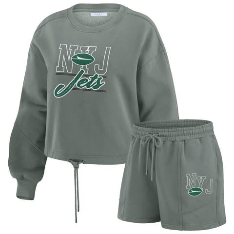 Women's WEAR by Erin Andrews Green New York Jets Washed Fleece Long Sleeve T-Shirt & Shorts Lounge Set