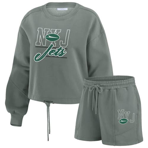 Wear By Erin Andrews Green New York Jets Washed Fleece Long Sleeve T-shirt & Shorts Lounge Set