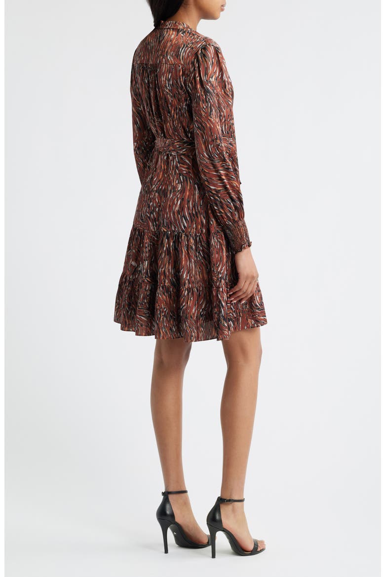 Tiered Long Sleeve Tie Waist Button Front Satin Dress, Alternate, color, BROWN MULTI