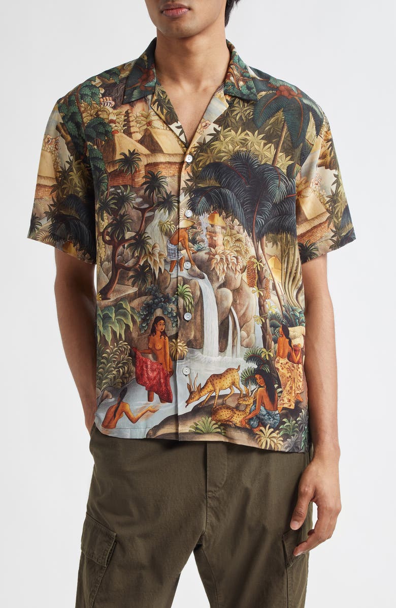 ENDLESS JOY Champuhan Silk Satin Button-Up Shirt, Main, color, Brown Multi