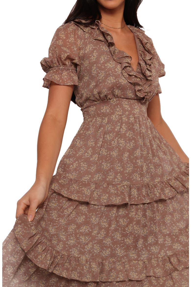 Dayla Floral Ruffle Midi Dress, Alternate, color, BROWN/ LIGHT BEIGE