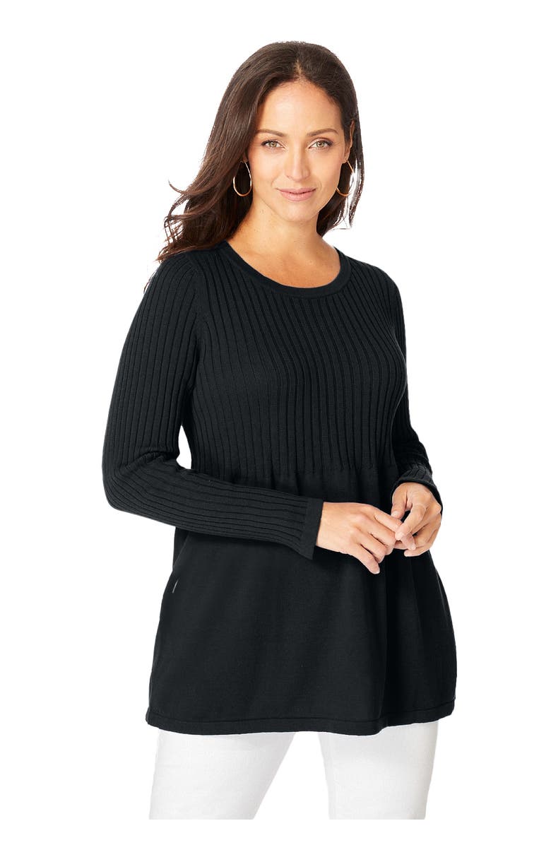 Jessica London Ribbed Baby Doll Tunic Sweater, Main, color, Black