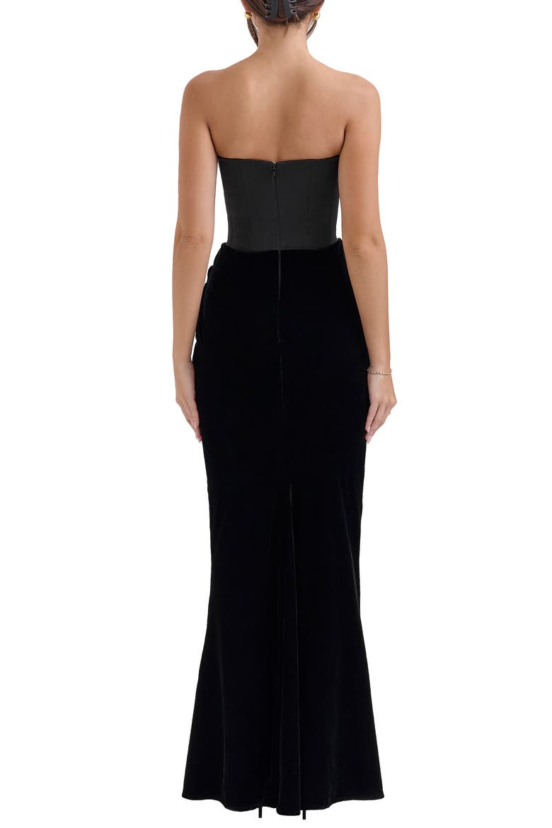 Persephone Strapless Corset Satin & Velvet Mermaid Gown, Alternate, color, BLACK