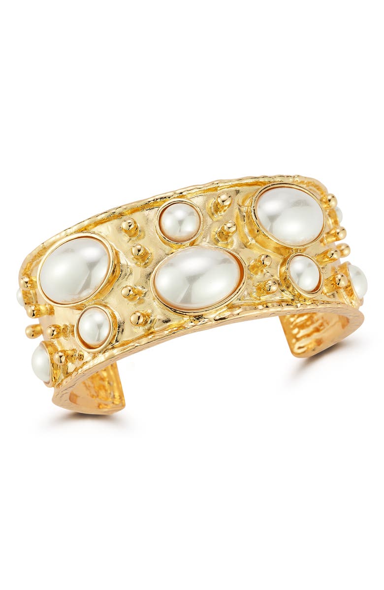 SPHERA MILANO Faux Pearl Cuff Bracelet, Main, color, Gold