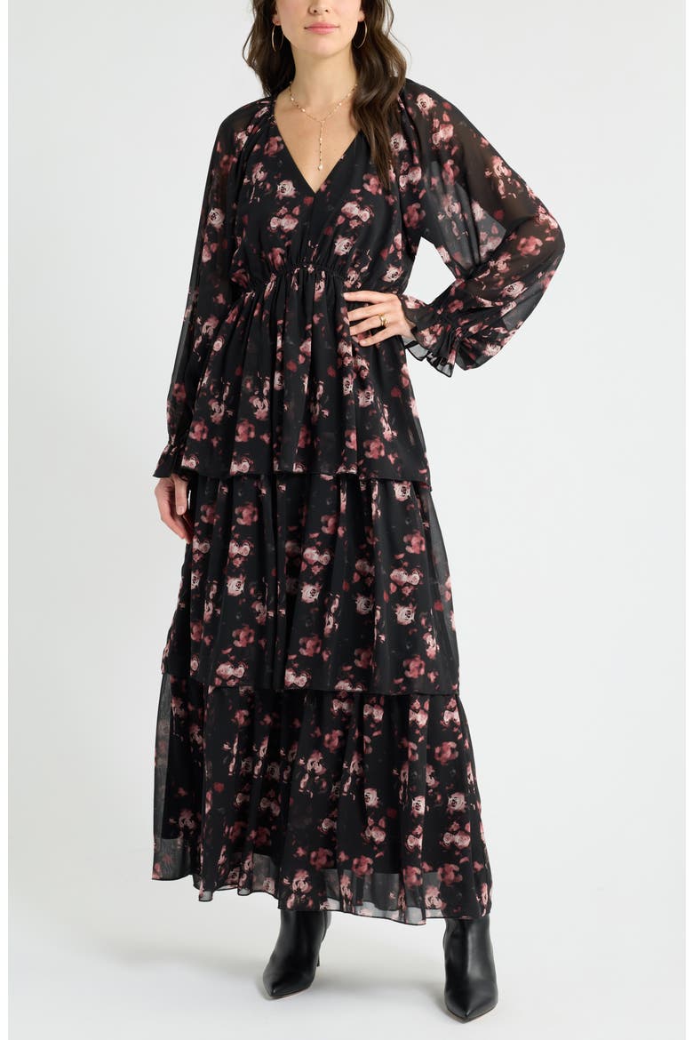Tiered Long Sleeve Maxi Dress, Main, color, BLACK FLORAL