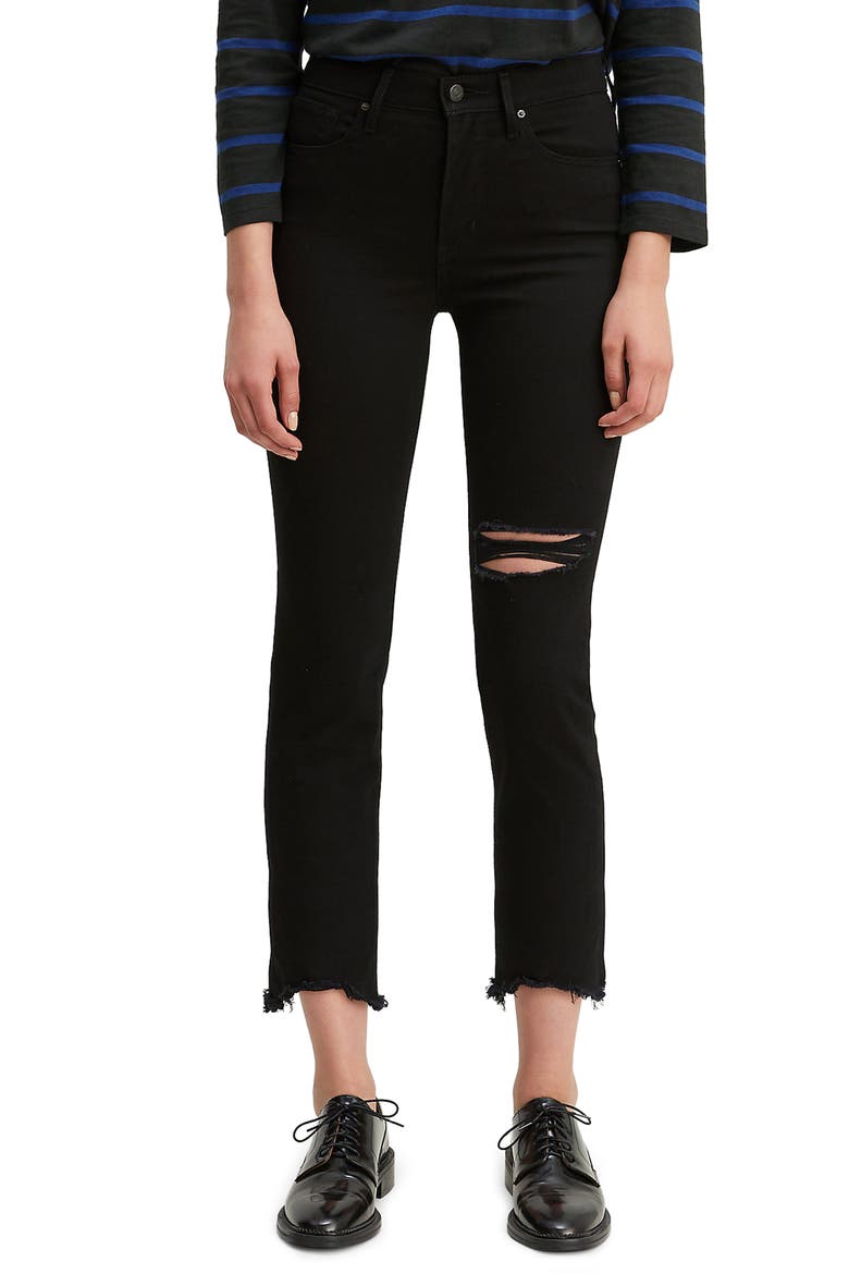 Levi's® Ripped High Rise Straight Leg Crop Raw Hem Jeans, Main, color, BLACK PIXEL