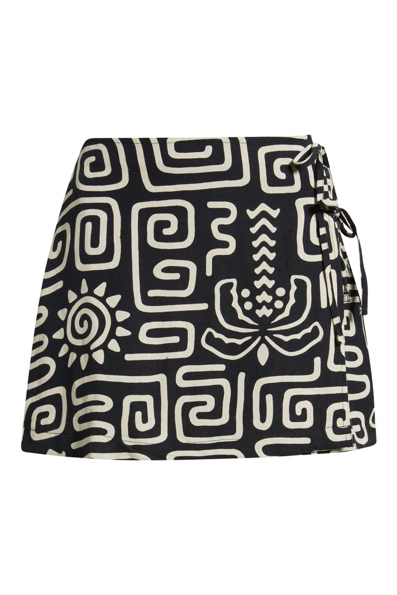Sunset Luau Linen Blend Wrap Miniskirt, Alternate, color, BLACK/ OFF WHITE