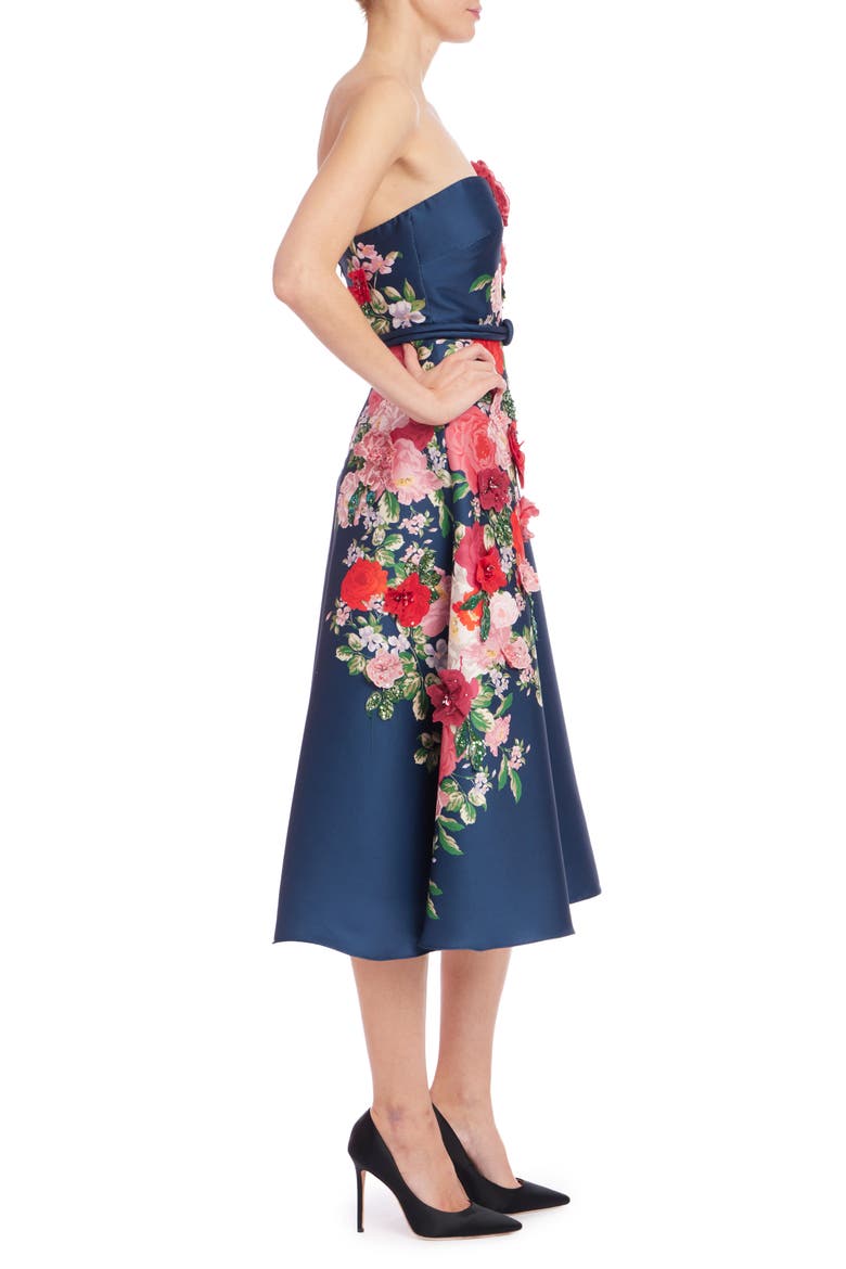 Placed Floral Appliqué Strapless Cocktail Dress, Alternate, color, NAVY