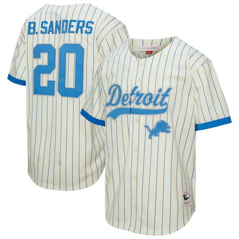 Men's Mitchell & Ness Barry Sanders Cream Detroit Lions Name & Number Mesh Button-Up Baseball Jersey