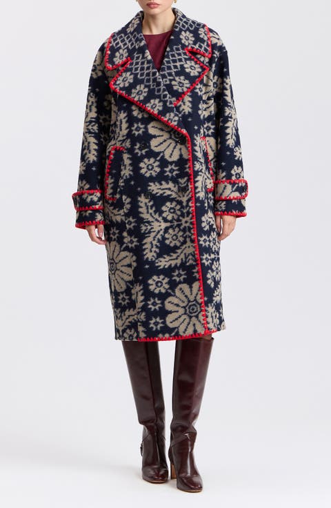 Whipstitched Oversized Jacquard Peacoat