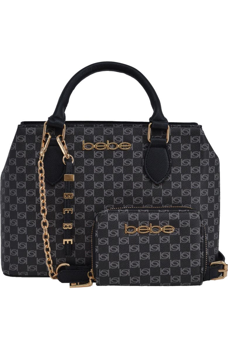 bebe Adela Small Monogram Satchel with Wallet, Main, color, Black