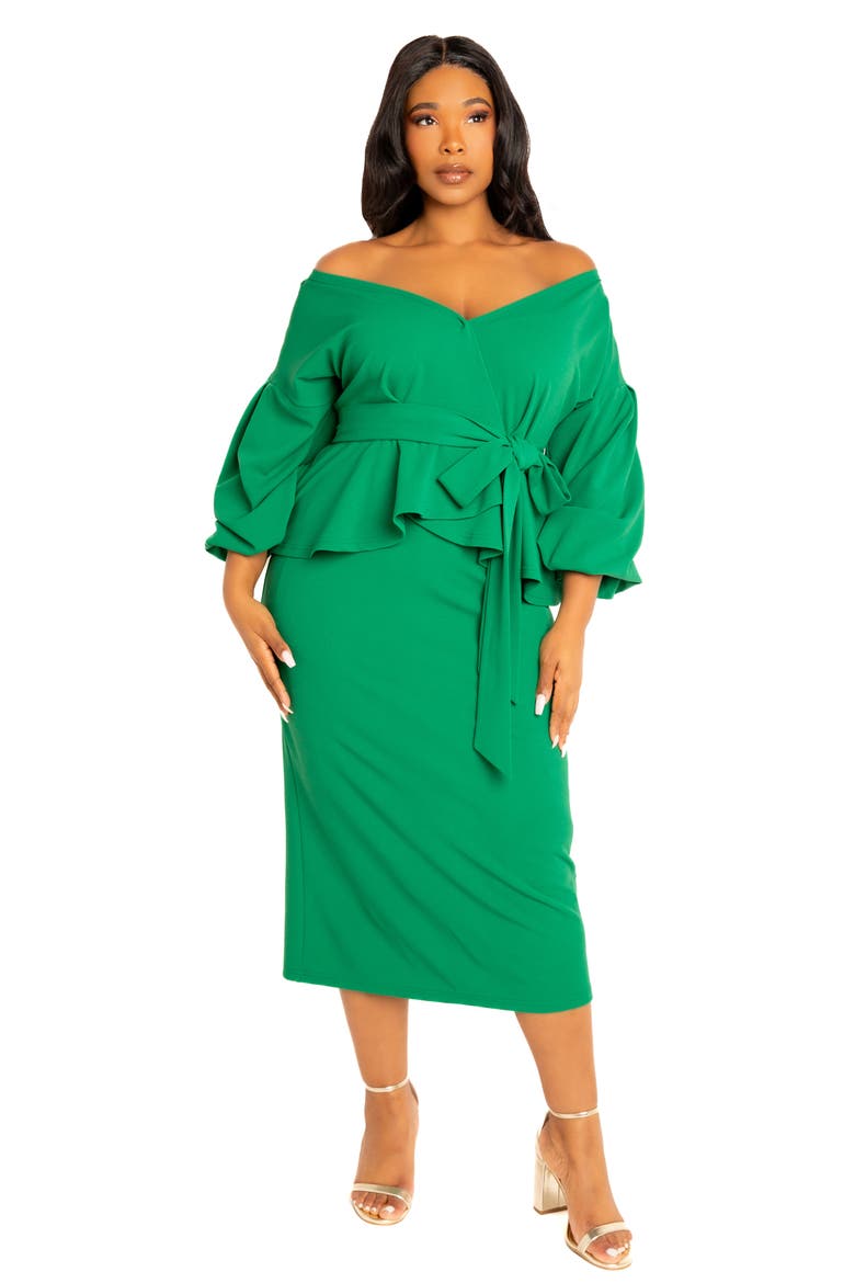 Convertible Shoulder Belted Peplum Midi Dress, Alternate, color, GREEN