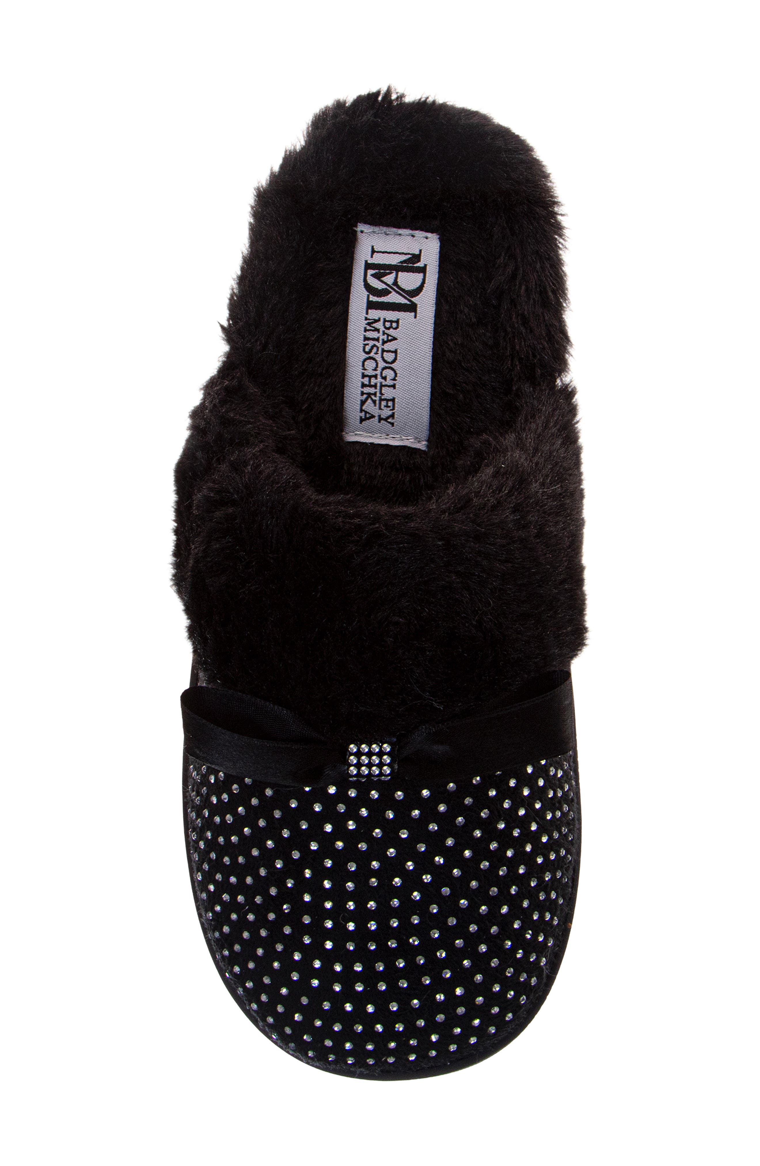 BADGLEY MISCHKA Faux Fur Rhinestone Scuff Slipper, Alternate, color, Black
