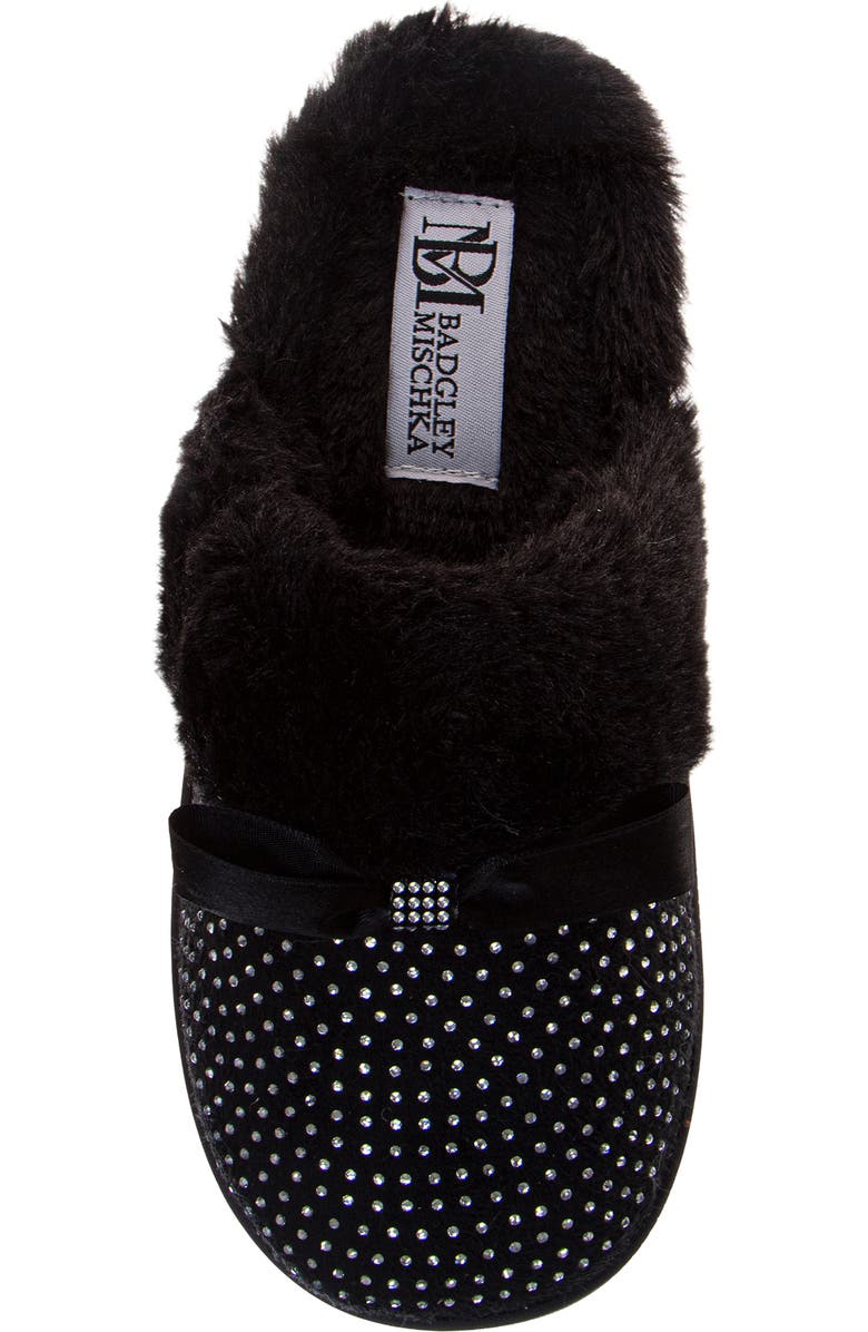 BADGLEY MISCHKA Faux Fur Rhinestone Scuff Slipper, Alternate, color, Black