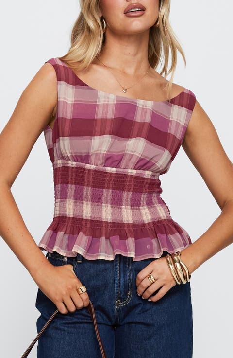 Honey Plaid Smocked Waist Peplum Top
