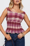 Princess Polly Honey Plaid Smocked Waist Peplum Top