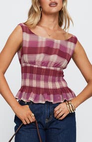 Princess Polly Honey Plaid Smocked Waist Peplum Top